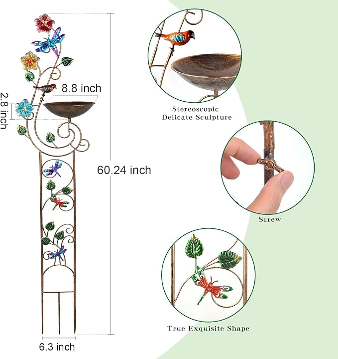 YADOOLIFE 57” Bird Bath with Garden Trellis for Climbing Plants Outdoor, Small Decorative Trellises Metal Birdbath Bird Baths, 1 Piece (Dragonfly)