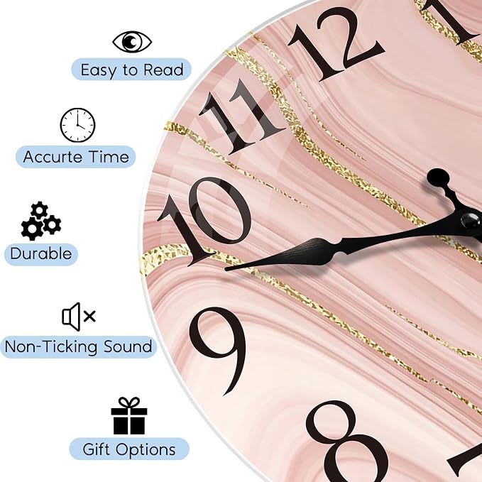 Britimes Round Wall Clock Silent Non-Ticking Battery Operated Outdoor Waterproof Glass Clock 12 Inch, Gold Pink Marble Home Decor for Living Room, Kitchen, Bathroom, Bedroom, and Office