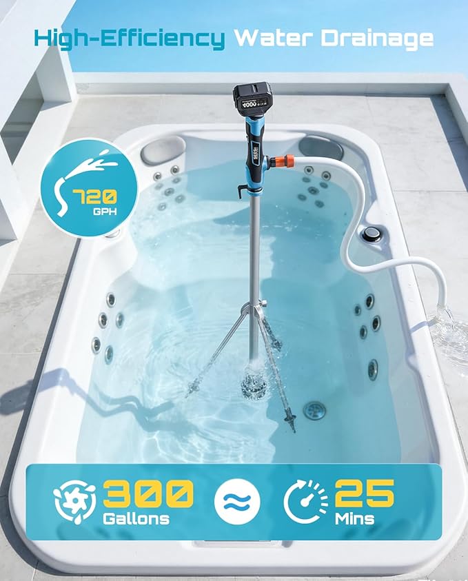 SEESII Cordless Stick Water Transfer Pump with Tripod Stand Hands-free, Portable Submersible Water Pump 720GPH & 2 x 4.0Ah Batteries, 32FT Lift for Pool Draining Boat Bilge Garden Rain Barrel Basement