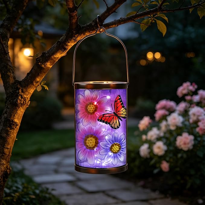Hanging Solar Lantern Outdoor Waterproof Flowers Butterfly Solar Lights Glass Tabletop Decorative Lamp for Outdoor Patio Garden Outside Yard Decor