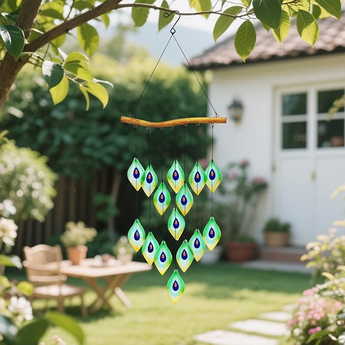 Handmade Peacock Feathers Glass Wind Chimes – Sea Glass Garden Windchimes for Outside, Hand-Painted Glass Suncatcher, Durable