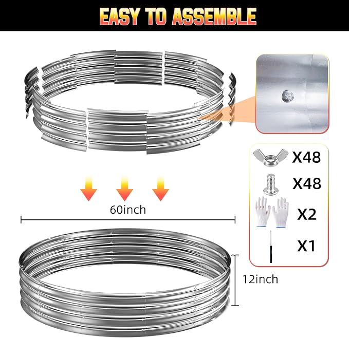 60 Inch Fire Pit Ring 5FT Galvanized Steel, 12" Raised Heavy Duty Wood Burning Fire Pits&Outdoor Fireplace, Heat Resistant Campfire Ring with Spark Guard, for Outdoor Backyard, Patio & Camping Use