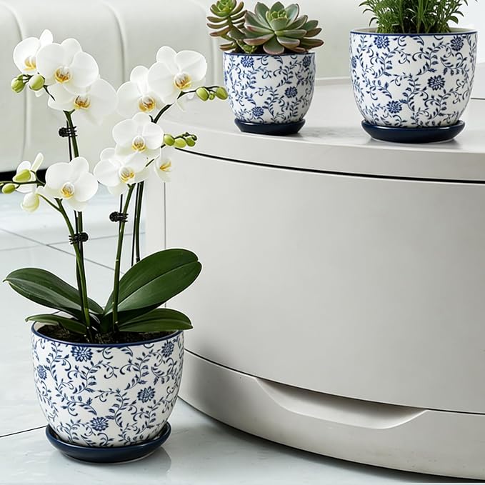 Ceramic Plant Pots - 3.5+4.6+5.6 Inch Flower Pots with Drainage Holes and Saucers - Planters for Indoor Plants Orchid, Herbs, Succulent, Cactus, Home Decor, Set of 3, Vintage Blue, Floral