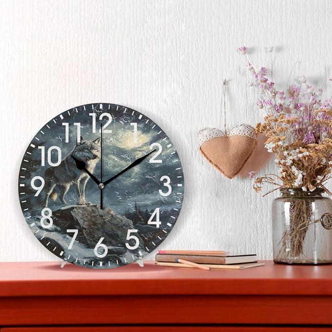 ALAZA Home Decor Wolf Sky Moon Round Acrylic 9.84 Inch Wall Clock Non Ticking Silent Clock Art for Living Room Kitchen Bedroom