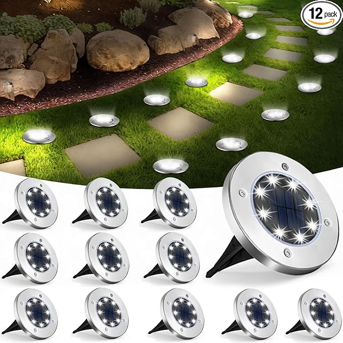 UFOND 12 Pack Solar Ground Lights，Outdoor Waterproof LED Gardenlight, Disklights for Lawn Pathway Yard Walkway Driveway Patio Deck, Solar Lights (Cold White)