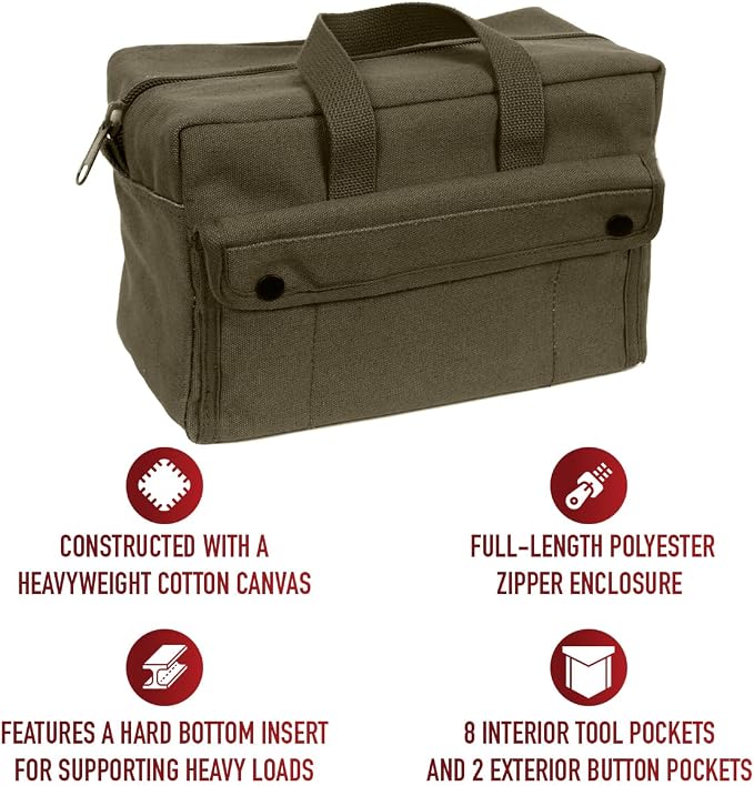 Rothco GI Style Mechanics Tool Bag, Heavy-Duty Canvas Tool Storage | 7.5 Liter Capacity, Heavyweight Canvas, Reinforced Bottom, Garage Storage