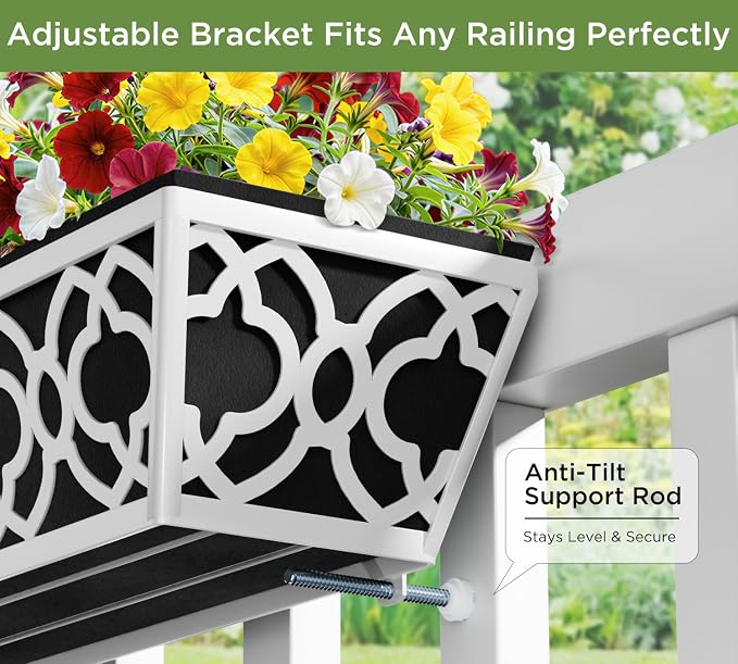 Y&M 4Pcs 24'' Railing Planter Box Set with Black Non-Woven Fabric Liner, Flower Boxes with Adjustable Brackets, Large Metal Hanging Window Boxes for Fence, Deck, Balcony, and Garden