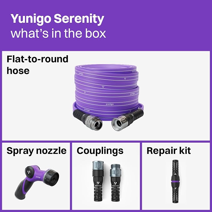 SERENITY 50ft Flat-to-Round Purple Garden Hose – Lightweight, No-Kink, Abrasion-Resistant TPV Hose with Durable Aluminum Couplings, Spray Nozzle & Hose Mender, Ideal for Home & Garden Watering