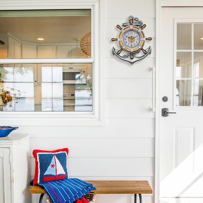 Anchor Clock- Nautical Ship Wheel Rudder Outdoor Wall Clock - Beach Sea Style Decorative Clock for Patio, Bathroom (Retro Silver+Bronze)