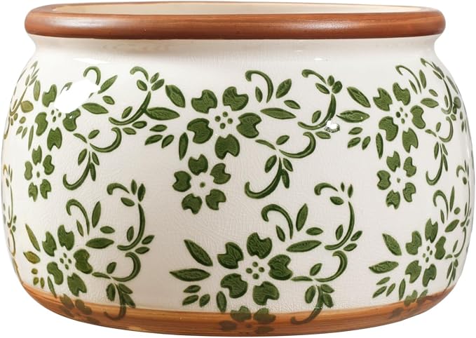 Vintage Ceramic Flower Pot - Indoor Outdoor Planters with Drainage Holes & Filter Screen, 9’’ Large Rustic Farmhouse Decorative Plant Pots for Garden/Patio/Balcony (Green Vines, Large)