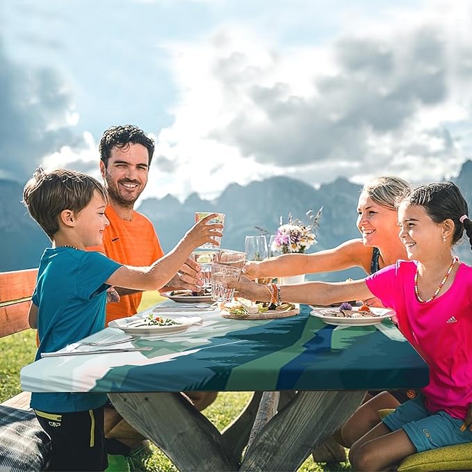 3 Piece Fitted Picnic Table Cover with Bench Covers, 72"x30" Full Elastic Edge Camping Tablecloth, Waterproof Wipeable RV Outdoor Patio Park Camping Essentials With Drawstring Bag (Mountain)
