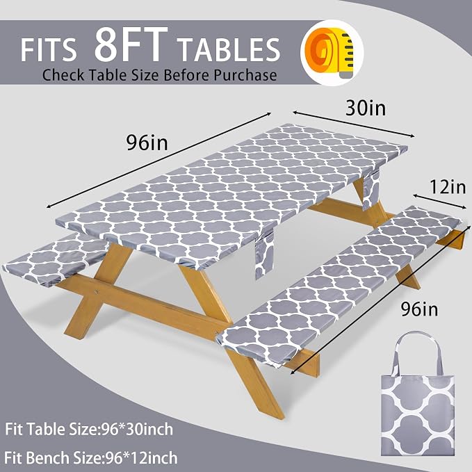 Fitted Waterproof Picnic Table Cover with Bench Covers Elastic Polyester 96In Camping Tablecloths for 8Foot Rectangle Tables Summer Fall Glamping Roadtrip Stuff Festival Vacation Items Gift