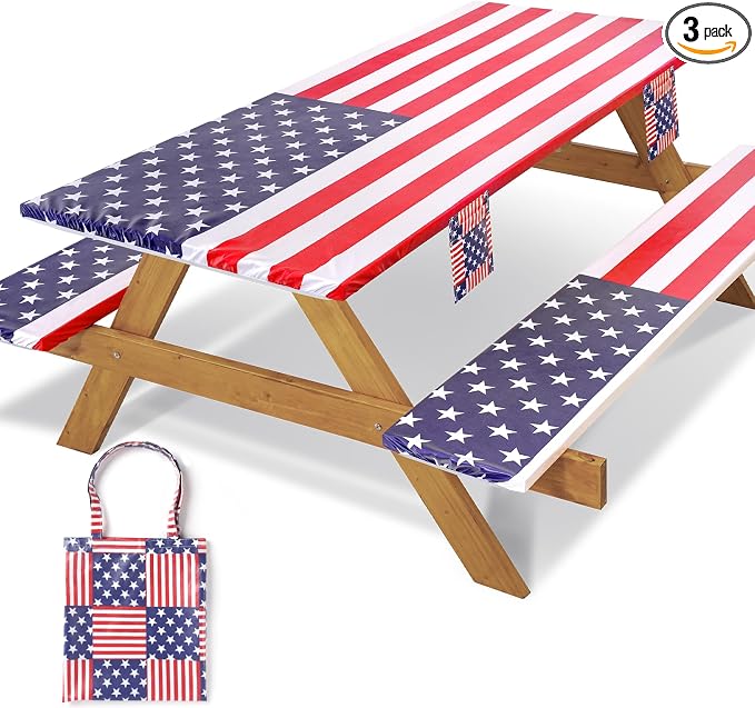 Jobunai Picnic Table Cover with Bench Covers Fitted Elastic Non Slip Water Resistant Camping Tablecloths for 6 Foot Rectangular Tables Travel Trailer Gadgets Summer Garden Supplies Gifts for Couples