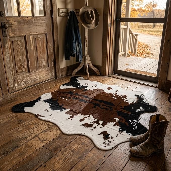 MustMat Faux Cowhide Rug 4'7"×5'3",Cow Print Western Ranch Decor | Brown/White Cow Rug For Bedroom, Entryway, Living Nooks. Western Rustic Style, Great For Cowboy Birthdays & Holidays