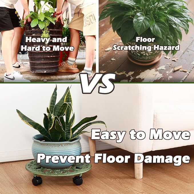 14 Inch Rolling Plant Stand with Wheels Metal Plant Caddy with Wheels Heavy Duty Round Plant Stand Indoor Iron Plants Rollers for Plants, Retro Green Plant Dolly 1 Pack