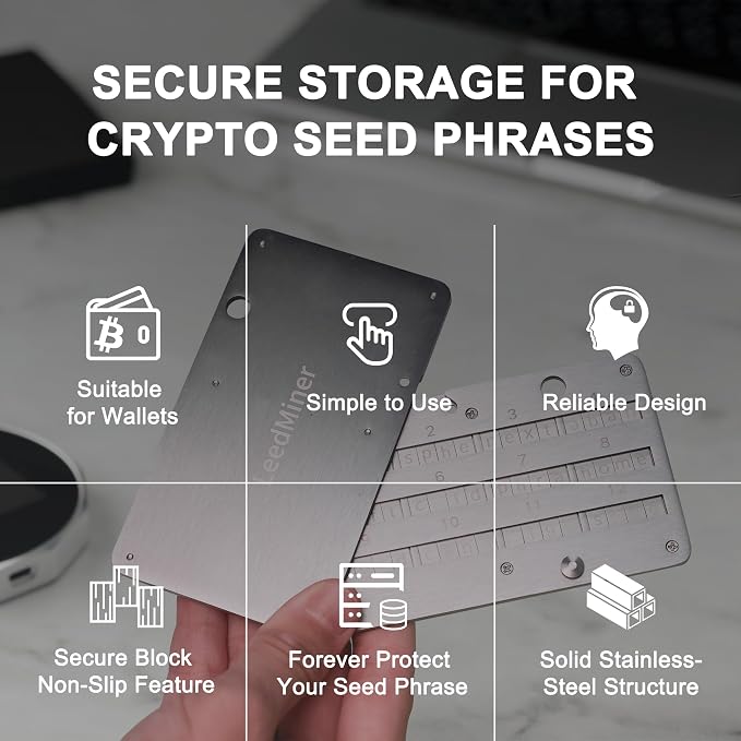 Seed Phrase Storage,Crypto Seed Backup 4 Plates Letter 24 Words Bitcoin Crypto Seed Metal Plate, Compatible with BIP39 Hardware Wallets, Ledger, KeepKey, Trezor