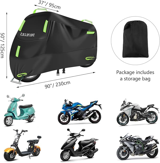 SECELES 300D Motorcycle Cover, Heavy Duty Durable Waterproof Outdoor All Season Protection Scooter Cover with 7 Reflective Strips and 2 Lock-Holes Accesorios para Motos (XXL: 86" x 37" x 50")