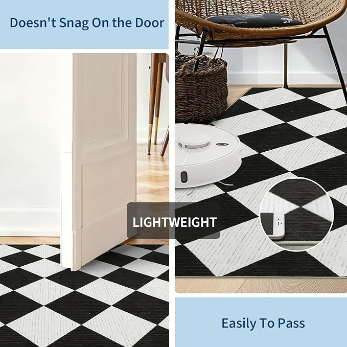 GarveeHome Black and White Area Rug 9x12 Living Room Checkered Washable Rug | Large Diamond Non Slip Backing Floor Mat Indoor Soft Thin Carpet for Bedroom Dining Room Playroom Nursery Home Decor
