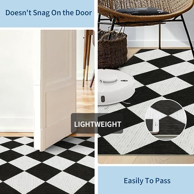 GarveeHome Checkered Rug Runners Hallway 2x6 Black and White Kitchen Runner | Non Slip Soft Diamond Print Entryway Rug Thin Laundry Mat Stain Resistant Carpet for Bedroom Bathroom Beside
