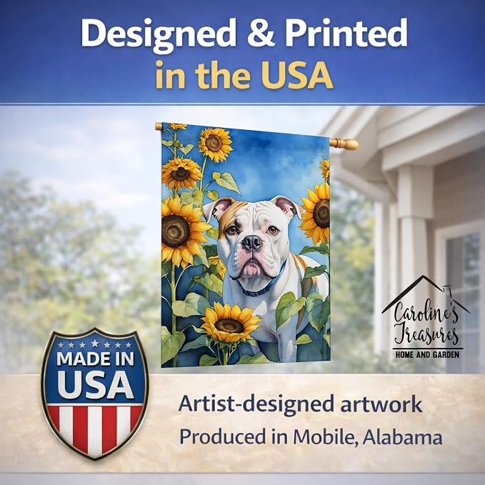 Caroline's Treasures DAC6006CHF American Bulldog in Sunflowers House Flag Large Porch Sleeve Pole Decorative Outside Yard Banner Artwork Wall Hanging, Polyester, House Size, Multicolor