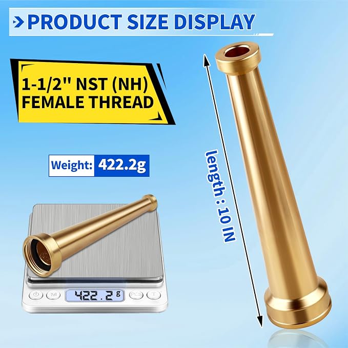 Brass Fire Equipment Hose Nozzle, 1-1/2" NST (NH) Fire Hydrant Hose Nozzle, 10" Length, 1/2" Orifice (1.5'' NH/NST)