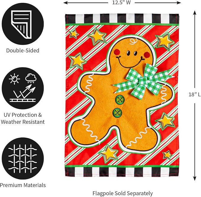 Evergreen Flag Patterned Gingerbread Man Applique Garden Flag | 12x18 Inches Double Sided Christmas Garden Flag for Outside | Weather and Fade Resistant | Outdoor Flag Décor for Home, Yards and