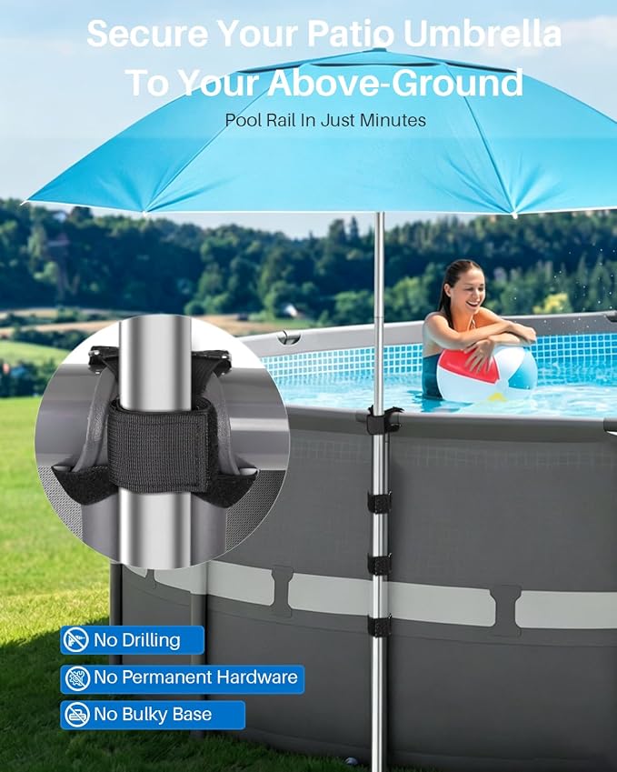 No-Drill Above-Ground Pool Umbrella Tie-Down Straps, Cross-Stabilizer Strap Design, Helps Reduce Wobble & Lean on Pool Frame Rails, Suitable for Intex/Bestway Frame Pools and Most Swimming Pools