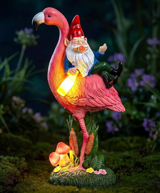 Candieslife Middle Finger Gnome Riding Flamingo 13in, Funny Garden Statue Solar Powered Outdoor Yard Decor with LED Beer Bottle & Mushrooms, Waterproof Naughty Lawn Ornament Gag Gift for Patio, Porch