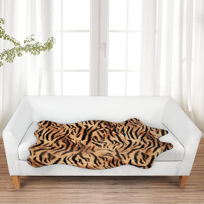 MACEVIA Tiger Printed Skin Area Rugs Western Decor for Living Room Bedroom Faux Animal Area Carpet Non-Slip Flannel Floor Mats 43.3" L x 29.5" W(3.6ft x 2.4ft)