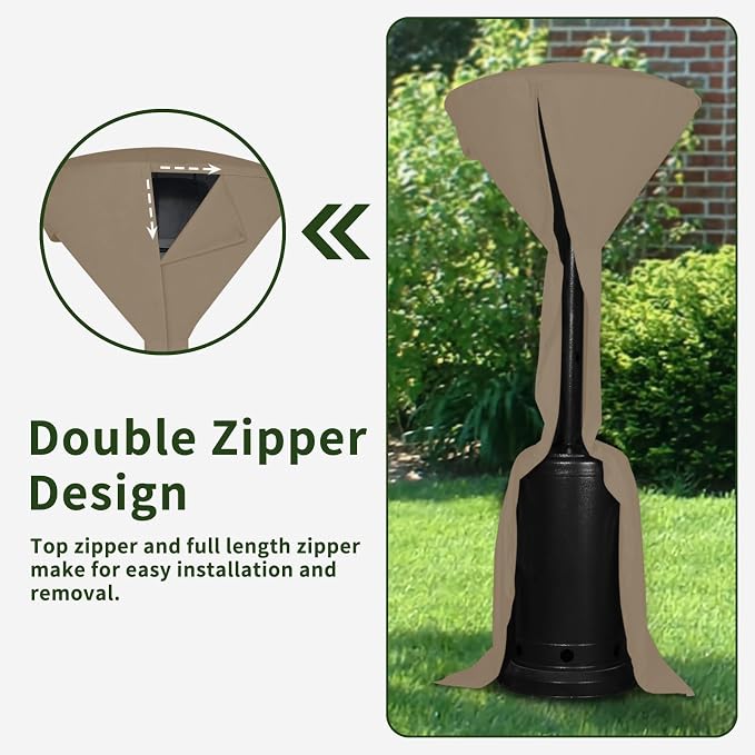 Easy-Going Stand-Up Patio Heater Cover with Zipper and Storage Bag, Waterproof Outdoor Heater Cover Dustproof, UV-Resisant, Wind-Resistant (95"H x 34"D x 19"B, Camel)