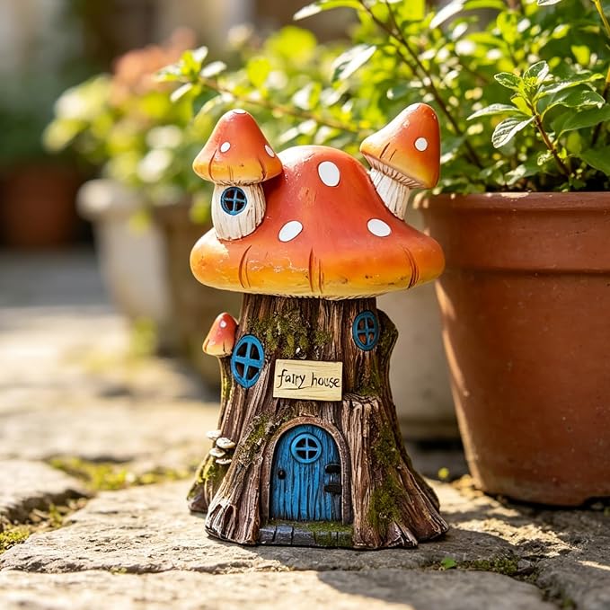 COWOS Mushroom House Sculptures, Collection of Resin Garden Sculptures, Resin Fairy House Statue, Solar Fairy Garden Figurine with Warm White Light Mushroom for Outdoor, Lawn, Yard Decoration