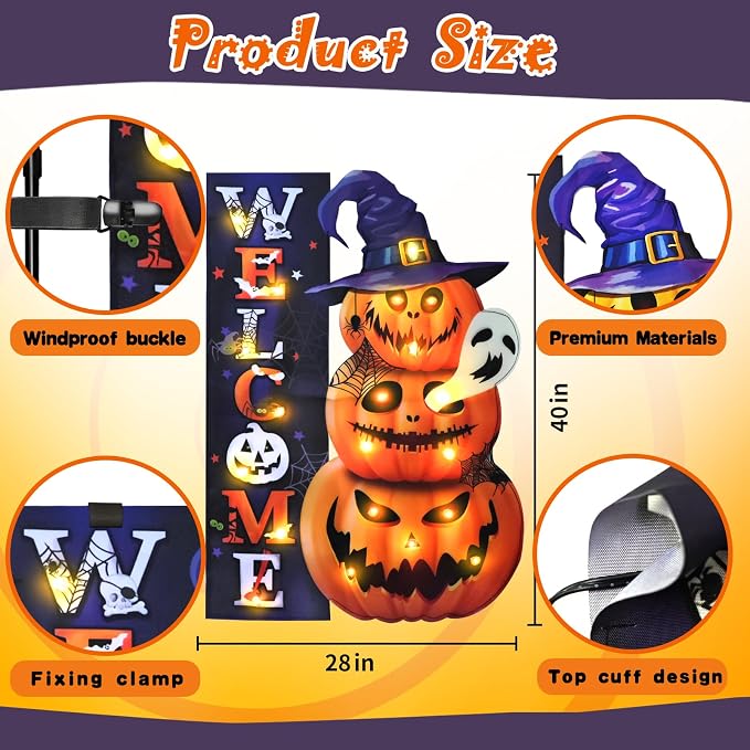 Halloween Lighted Garden Flag, Solar Weclome Pumpkin Yard Flag for Outside, 8 Modes Double Sided Welcome Halloween Pumpkin Outdoor Decorations for Home Porch