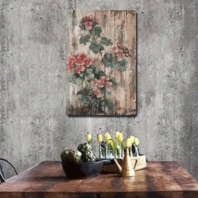 Metal Sign Tin Sign Vintage Wall Art Shabby Chic Pelargonium Tin Sign for Rustic Plant Lovers Vintage Aesthetics and Easy Installation Sign Garden Outside for Restaurant 6×8 Inches