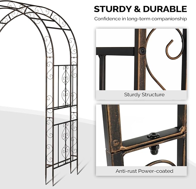 Outvita Garden Arch Arbor, Heavy Duty Metal Arbour Archway, Decorative Frame Stand Trellis for Wedding Ceremony Party Plant Climbing Rose Vines Lawn Courtyard Patio Bronze