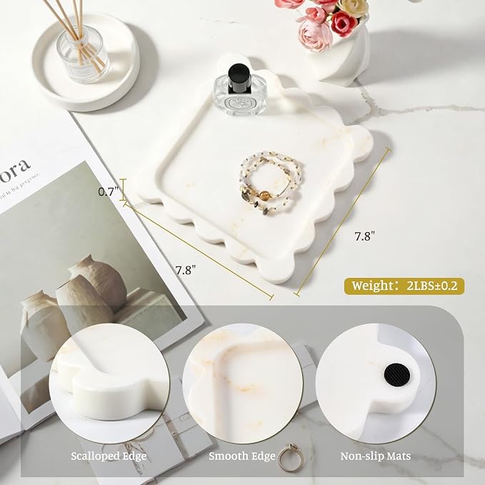 karibiber Calacatta Marble Tray, 8in Golden Small Scalloped Tray, Decorative Trinket Dish, Premium Square Bathroom Vanity Tray for Earrings Rings Necklaces, Unique Stone Jewelry Dish Gift