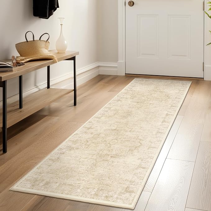 Farmhouse Beige 2x6 Runner Rugs for Hallway Entryway, Kitchen Runners Washable Non Slip Low Pile, Vintage Distressed Medallion Printed Rugs for Mudroom/Bedroom Bedside/Laundry Room/Bathroom
