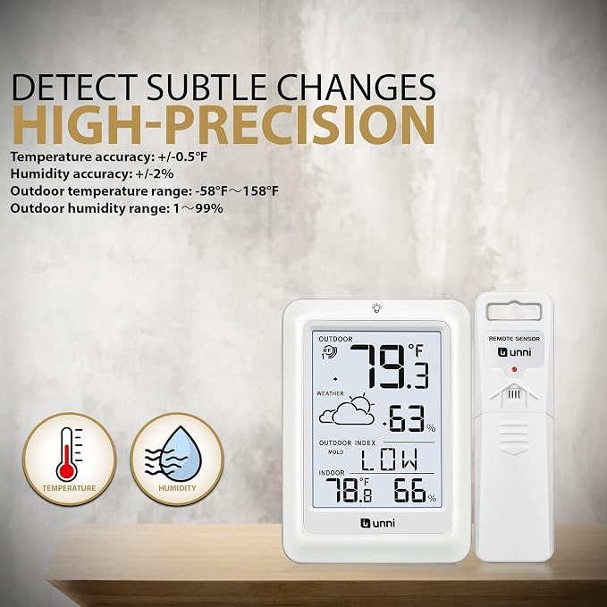 Indoor Outdoor Thermometer Wireless Weather Station, Temperature Humidity Monitor Battery Powered Inside Outside Thermometers with 330ft Range Remote Sensor and Backlight Display（WH01）