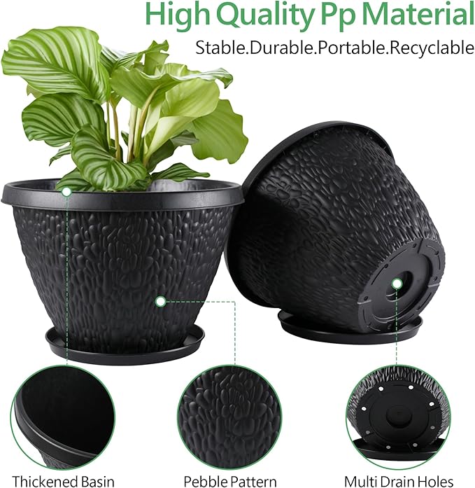 Nooulap 4 Pack 8 inch Plant Pots for Outdoor Indoor, Durable Flower Pots with Drainage, Indoor Outdoor Planters for Herbs Flowers (Black Pebbles Design)
