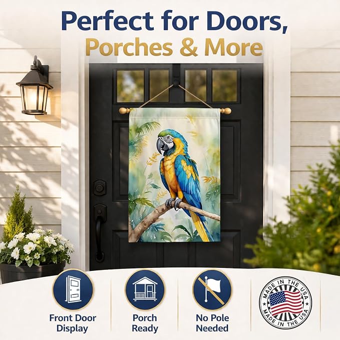 Caroline's Treasures Blue and Gold Macaw House Flag Large Porch Sleeve Pole Decorative Outside Yard Banner Artwork Wall Hanging, Polyester, House Size, Multicolor