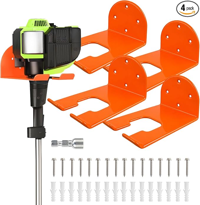 Weedeater Hanger, Heavy Duty Weed Eater Hanger Wall Mount, Garden Power Tool Holder with Rubber Coating for Grass Trimmer, Hedge Trimmer, Leaf Blower, Garage Organizer, 4 Pack