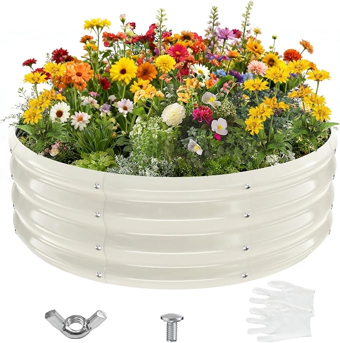 YSEJOMP 3FT Diameter Galvanized Garden Raised Bed/Plant Box/Fire Pit Ring - 0.8mm Thick,12 Inch Tall,Perfect for Planting a Variety of Flowers,Herbs,Vegetables (Cream White, 36 Dia X 12 inches)