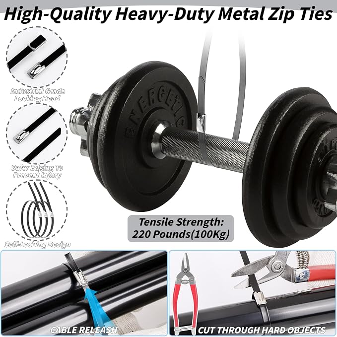 500PCS Metal Zip Ties Gun Kit, 12 Inch Heavy Duty Metal Zip Ties, Multi-Purpose Self-Locking Cable Tie Tool Set for Vehicles Farms Plants Fences Pipe Bundling, Scissors（Silver Black）