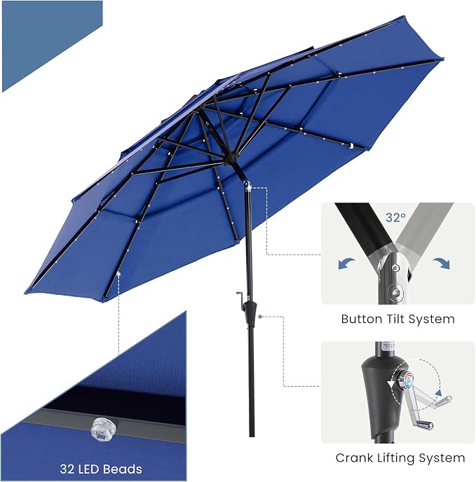 DUMOS Outdoor Solar Patio Umbrella 3 Tiers with 32 LED Lights, Beach Market Table Umbrella with Crank and 8 Sturdy Ribs for Pool, Terrace, Restaurant