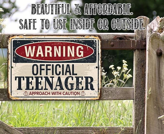 Metal Sign - Warning Official Teenager - Durable Metal Sign - Use Indoor/Outdoor - Funny Teen's Bedroom Decor Beware of Teenager sign Decor and Birthday Gift (8" x 12")