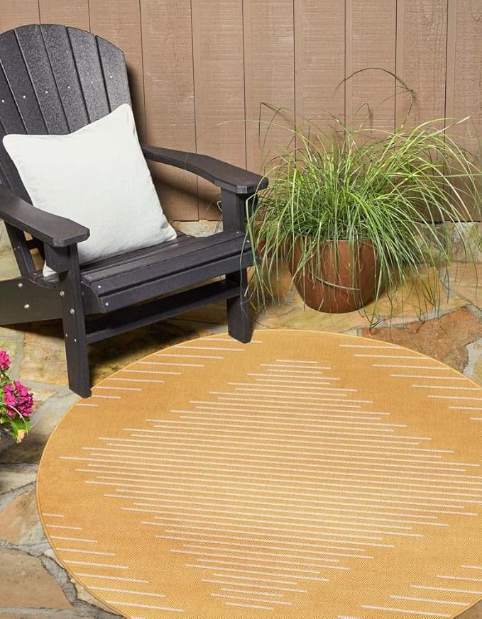 Unique Loom Outdoor Modern Collection Area Rug - Tambor (6' 1" Round, Yellow/ Ivory)