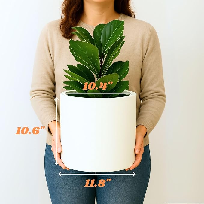 Fox & Fern Large Indoor Planter, Modern Large Plant Pot for Indoor or Outdoor, UV and Frost Resistant - 12 Inch, Fiberstone, Matte White Flower Pot with Drainage Plug, Lightweight