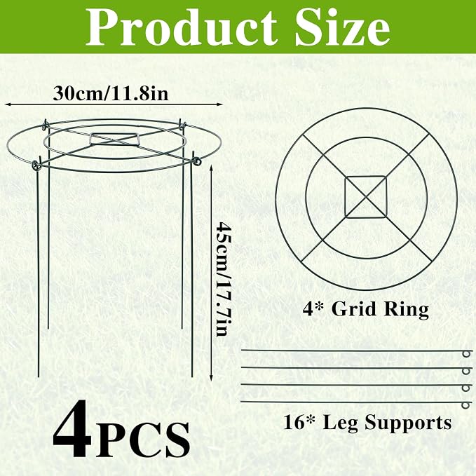 Peony Cages and Supports - 4 Pack Metal Plant Support Ring Outdoor Indoor 11.8" Dx17.7 H Round Garden Stakes with 4 Legs Heavy Potted Flower Grow Trellis for Rose Tomato Vegetables Monstera