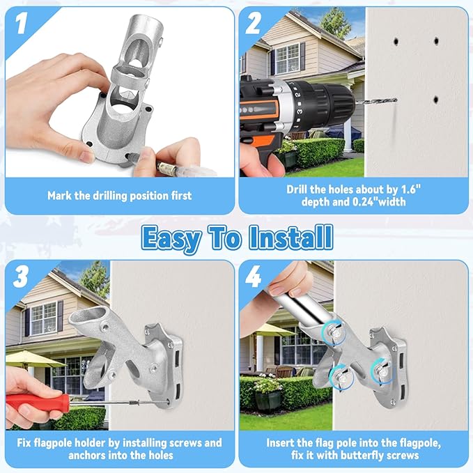 Flag Pole Holder for Outside House, REERON 2-Positions Metal Flagpole Brackets Mount, 1" Aluminium Rustproof Flag Pole Wall Porch Mounting Bracket with 3 Fixed Holes & Steel Hardwares (Silver-2 Pack)