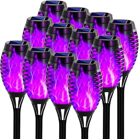 Swingers Solar Lights Outdoor,Halloween Solar Torch Lights with Flickering Flame,Waterproof Outdoor Garden Lights for Outside Patio Pathway Yard Decorations(12, Purple)