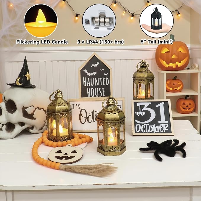 LLQ 12Pcs 5-Inch Ramadan Mini Lanterns - Ramadan & Eid Mubarak Decorations - Vintage Table Centerpieces for Wedding&Christmas Decor - LED Flickering Lantern Light for Hang Ornaments(Brushed Brass)